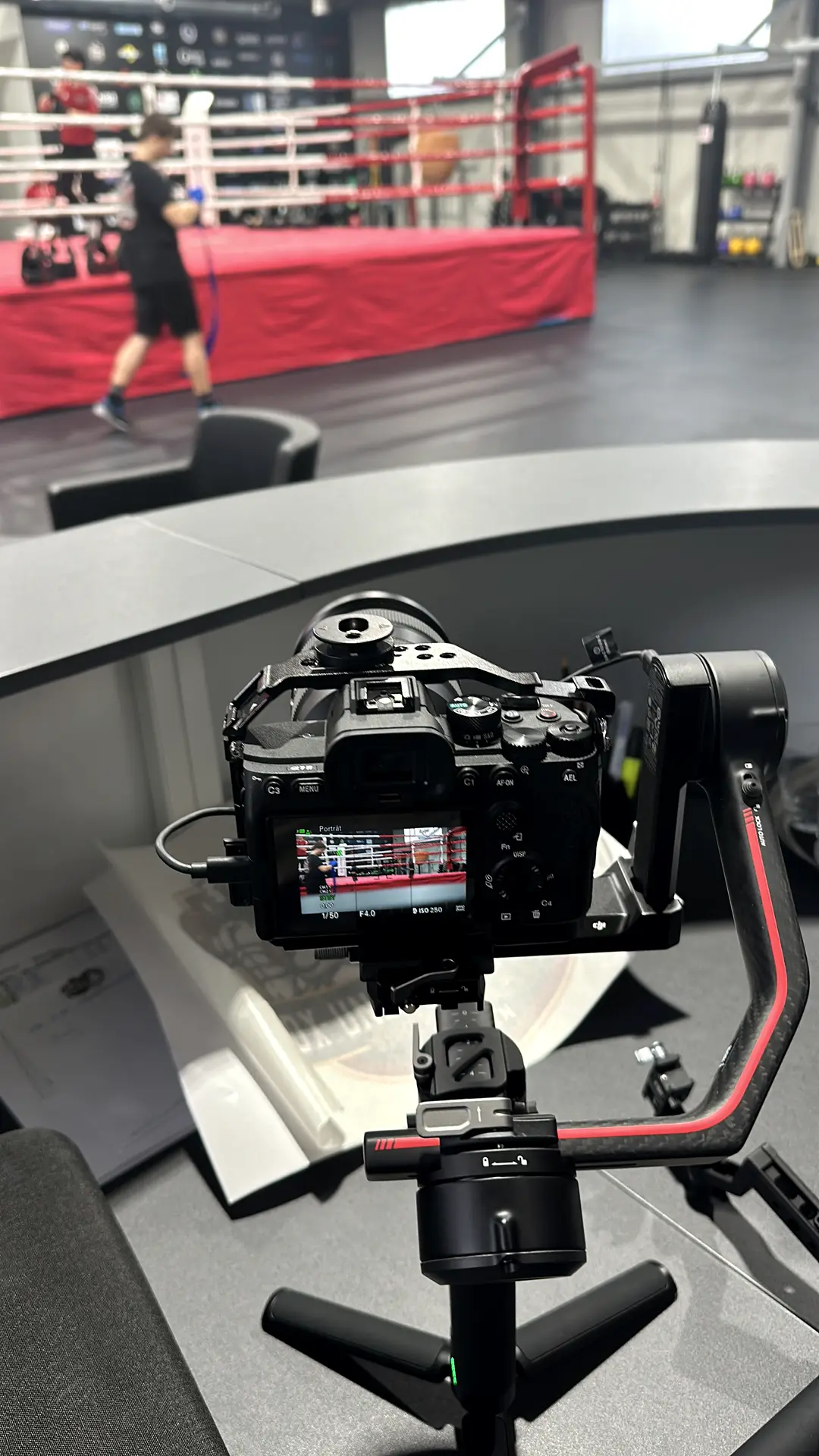 Camera rig in front of a boxing ring during a shoot