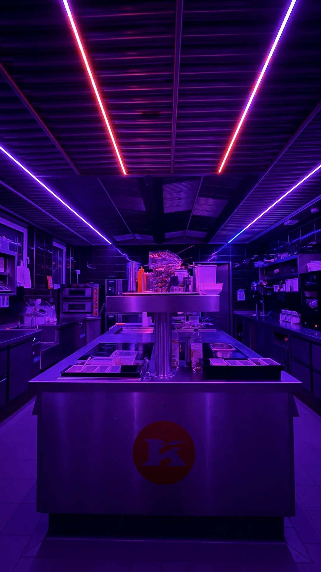 Edelstahlküche in violettem und rotem Neonlicht