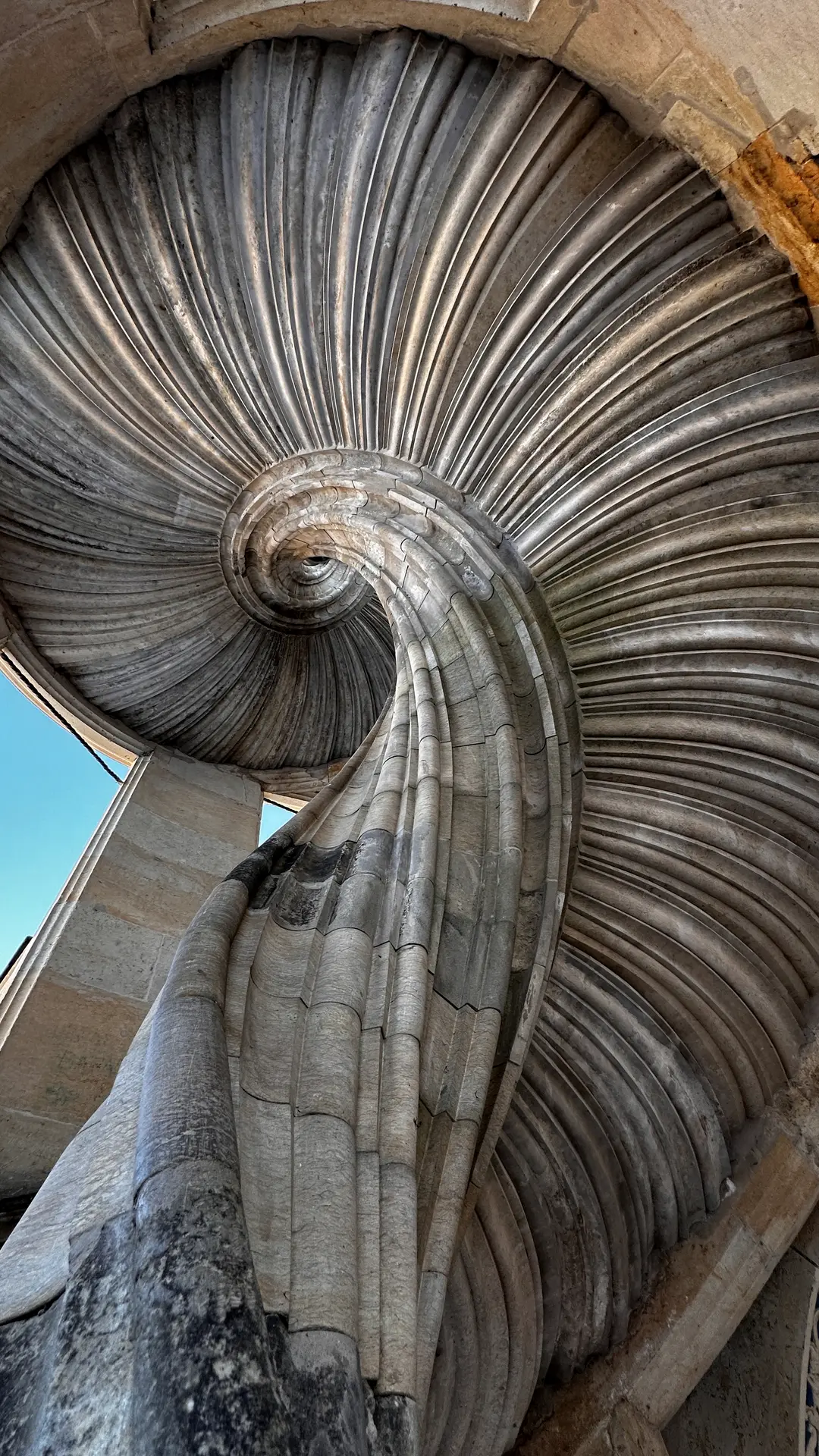 Steinerne Spirale der Wendeltreppe von unten gesehen, wie ein Schneckenhaus