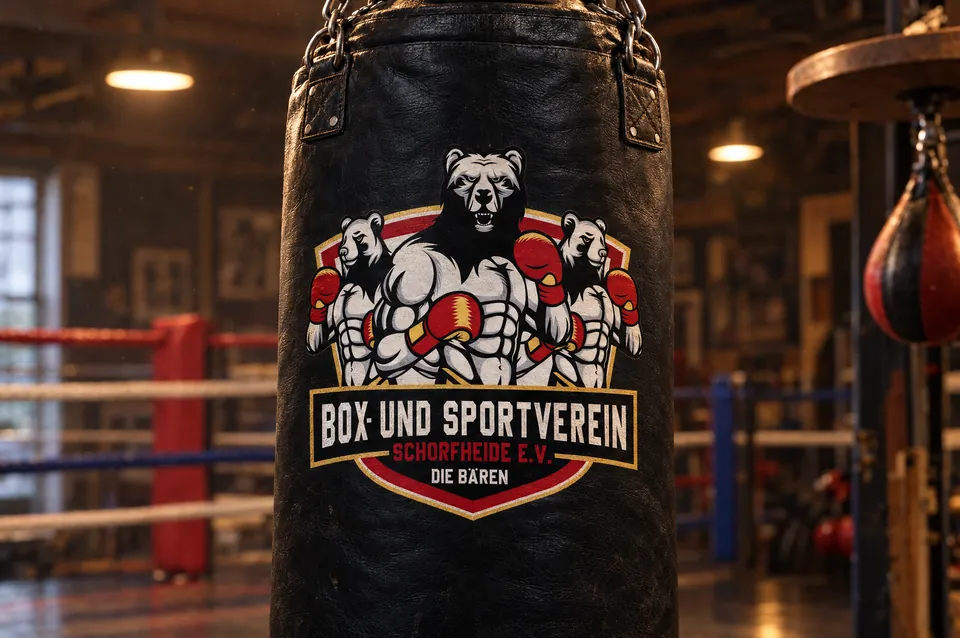 Boxsack mit dem Vereinswappen der Bären in einer Boxhalle