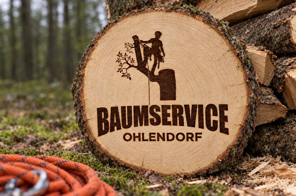 Baumscheibe mit eingebranntem Logo von Baumservice Ohlendorf im Wald
