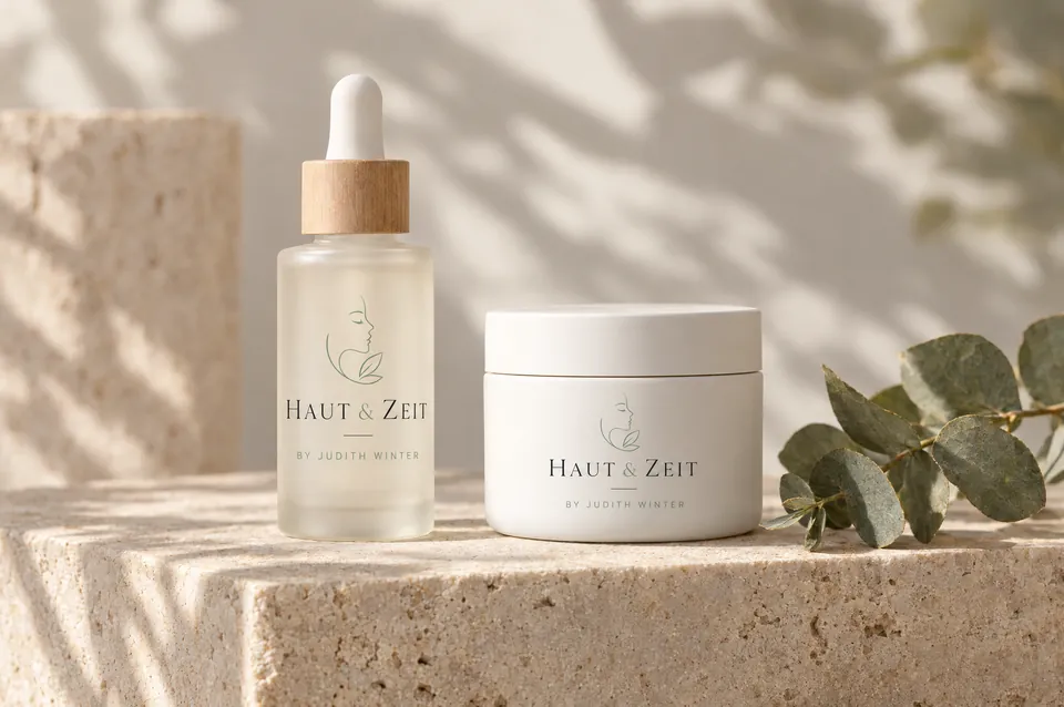 Pipettenflasche und Cremetiegel mit dem Logo von Haut & Zeit auf Travertin