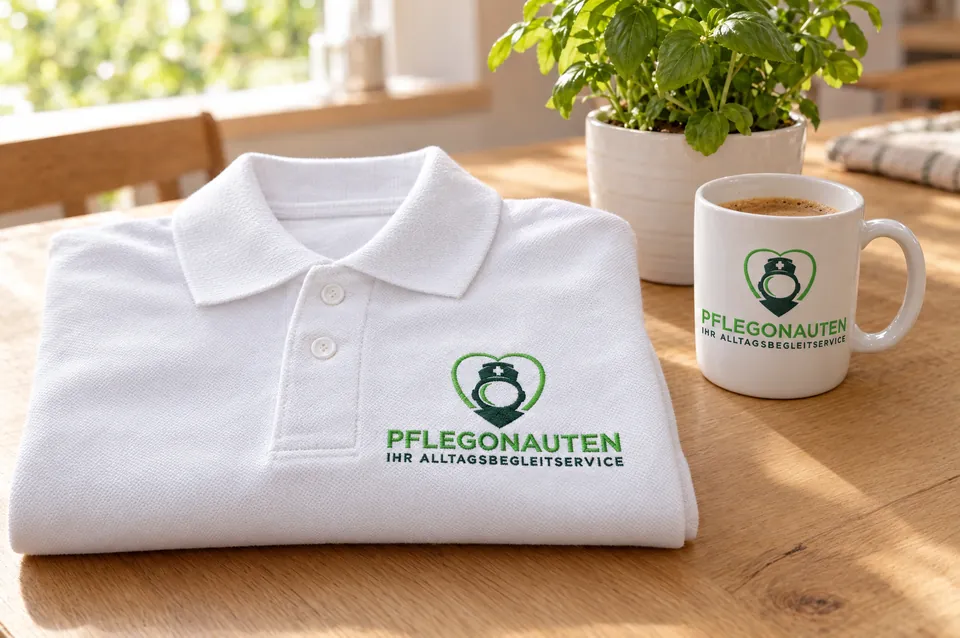 Poloshirt mit gesticktem Pflegonauten-Logo und Tasse auf einem Holztisch