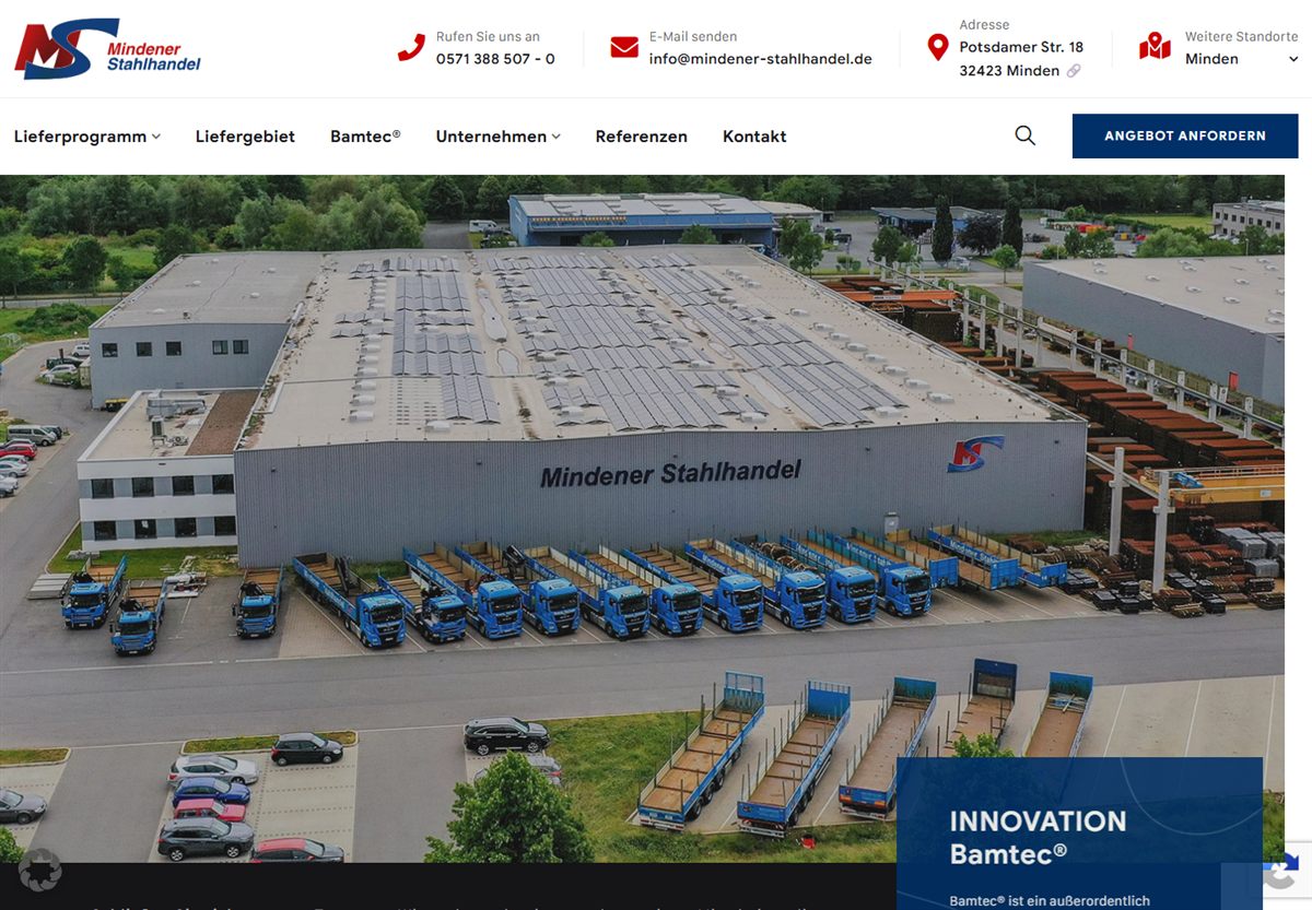 Screenshot der Website von Mindener Stahlhandel
