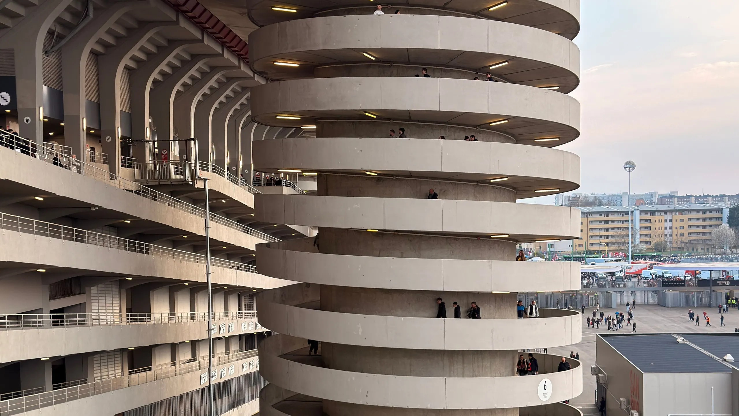 Spiral concrete ramp and facade of the San Siro stadium