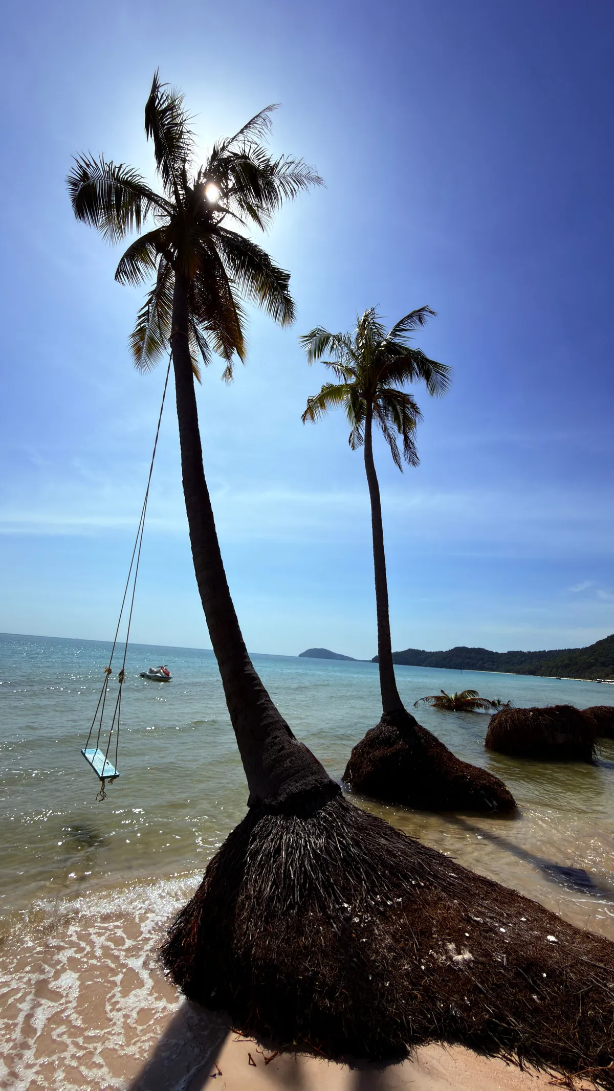 Two leaning palm trees with a rope swing over a white beach and calm turquoise sea, sun flaring through the fronds